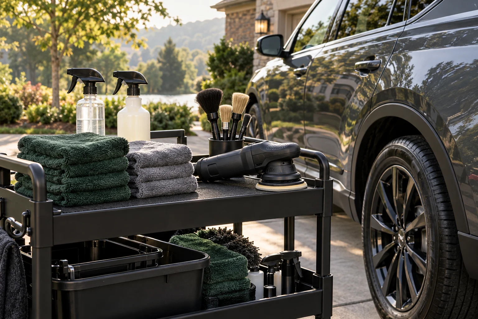 Detailing tools and fresh microfiber towels arranged beside a vehicle