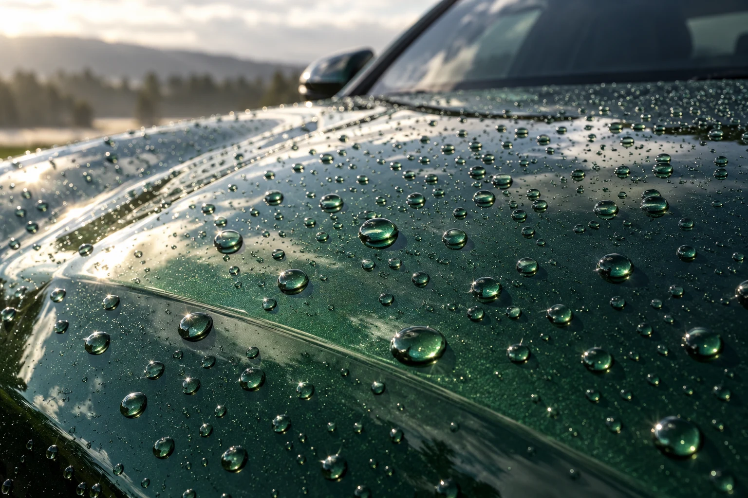 Round water beads across a glossy emerald paint finish