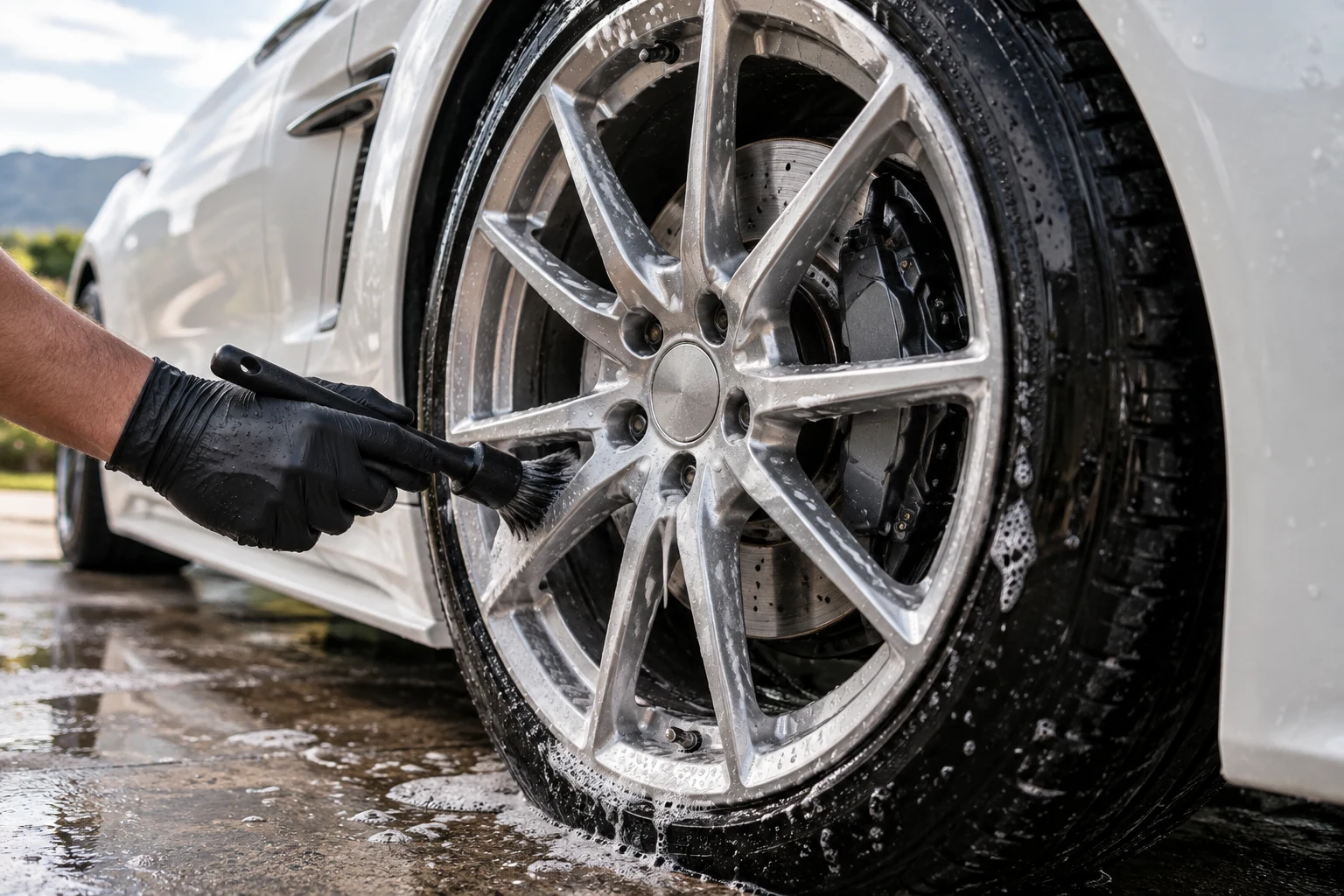 Detailed cleaning of an alloy wheel and tire