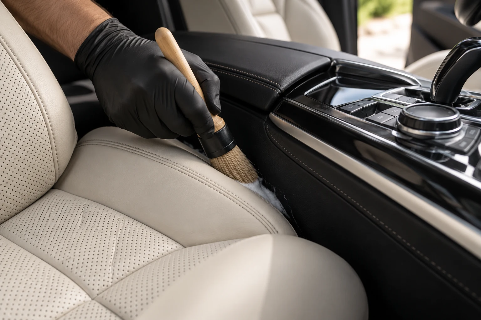 Precision brushing around cream leather seats and console seams