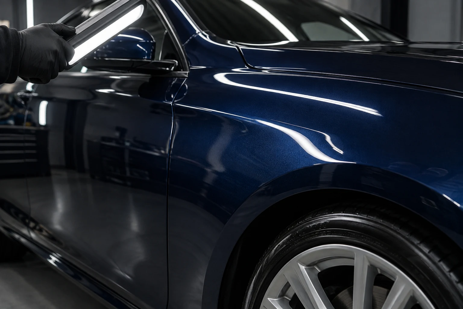 Inspecting the clarity of a polished navy paint finish