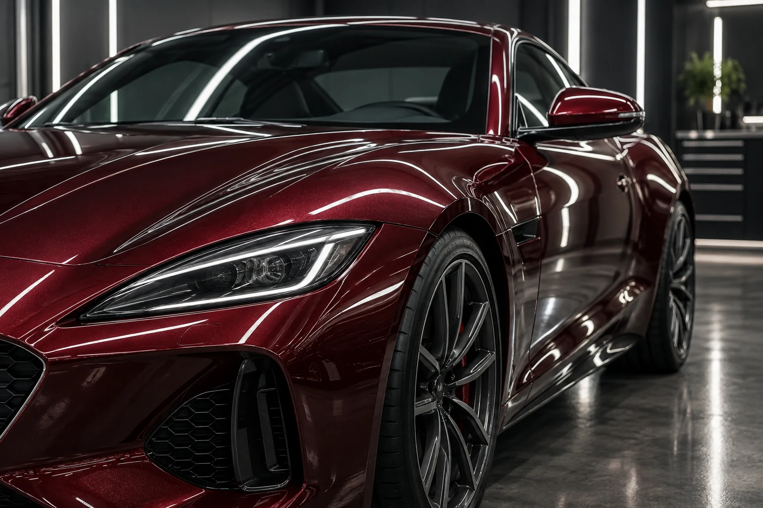 Burgundy coupe with crisp reflections across its polished hood and fender