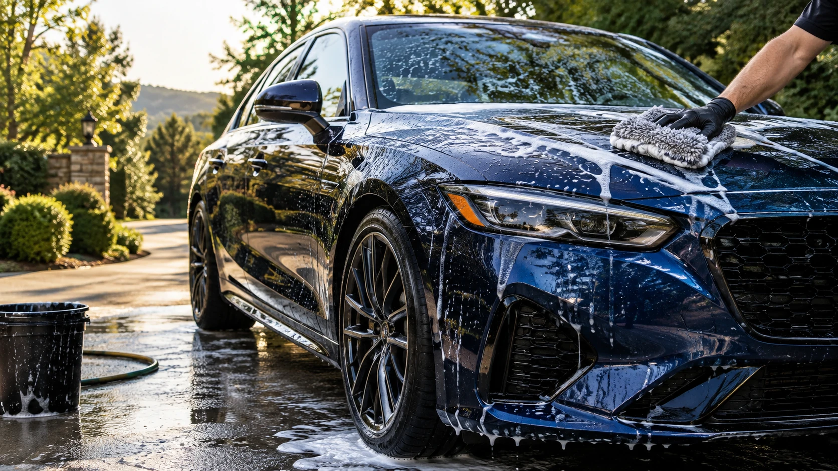 Careful hand washing of a metallic blue sedan
